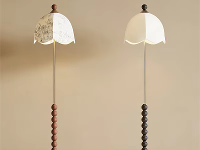 Two Modern Floor Lamps With Beaded Poles And White Scalloped Shades 3d model