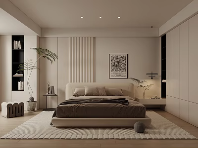 Modern Bedroom Interior Design With Beige Headboard Bookshelf Green Plant And Decorative Painting 3d model