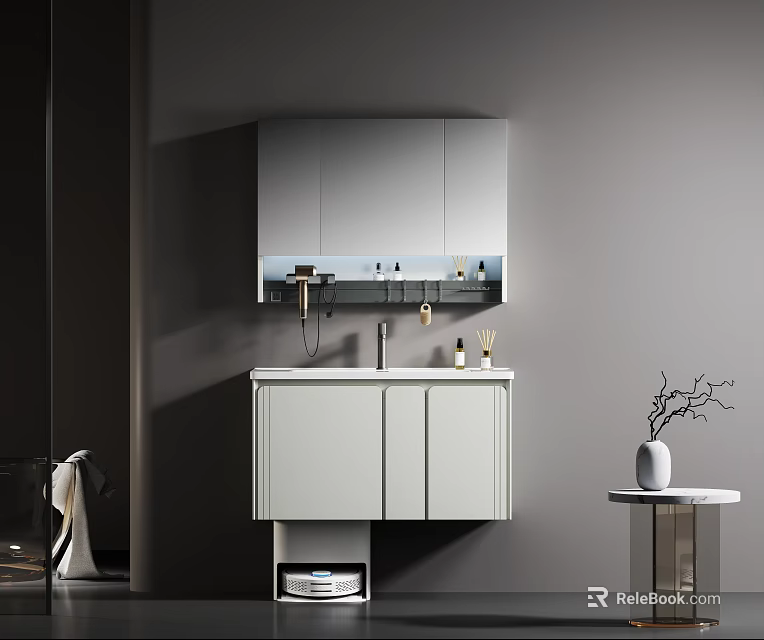 Modern Minimalist Bathroom Vanity With White Wall Mounted Cabinet And Mirrored Storage 3d model 