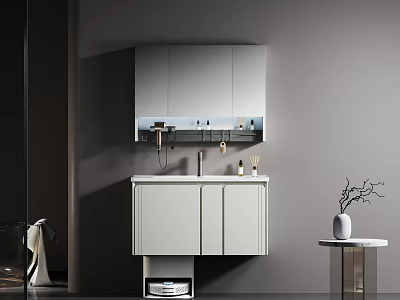 Modern Minimalist Bathroom Vanity With White Wall Mounted Cabinet And Mirrored Storage 3d model