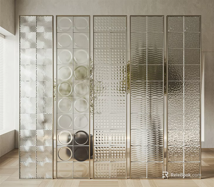 Modern Glass Room Divider With Circular Dots Wave Patterns And Square Grid Textures 3d model