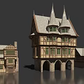 Traditional European Multi Story Architecture With Spires Timber Frames Arched Doorways And Stone Bases