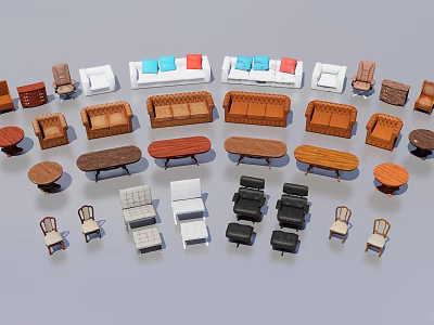 Casual Sofa Set Collection With Various Styles Matching Coffee Tables And Chairs 3d model