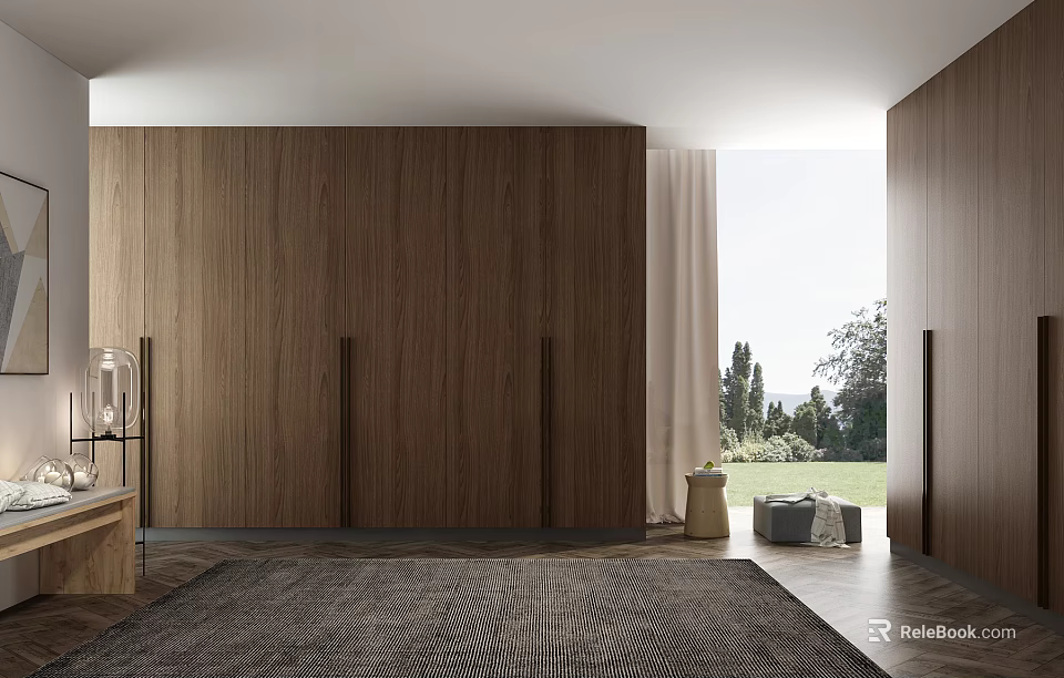 Modern Walk-in Closet Interior With Wooden Cabinets Large Window And Soft Area Rug 3d model 