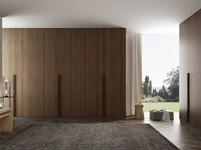 Modern Walk-in Closet Interior With Wooden Cabinets Large Window And Soft Area Rug 3d model