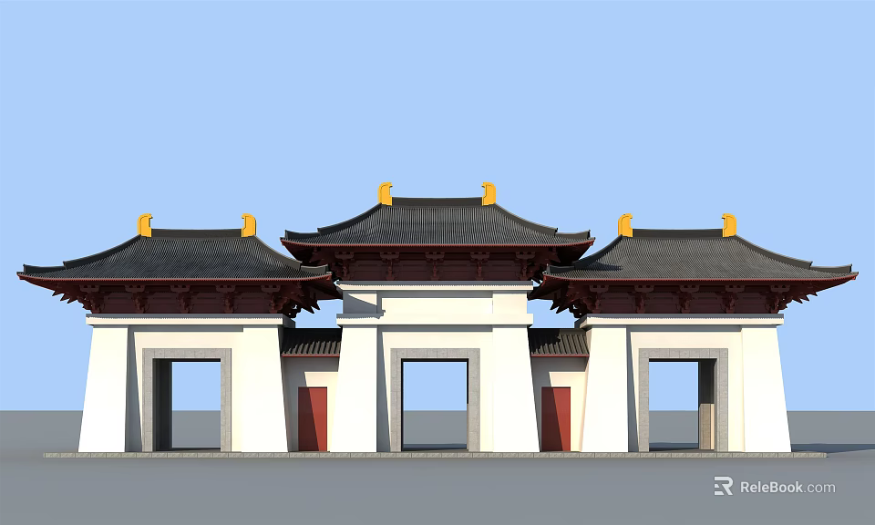 Traditional Chinese Entrance Gate With Three Doorways Black Roof Yellow Decorations And Red Door Frames 3d model 