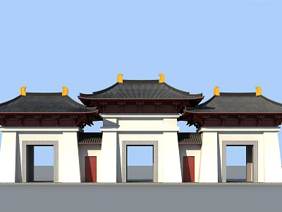 Traditional Chinese Entrance Gate With Three Doorways Black Roof Yellow Decorations And Red Door Frames 3d model