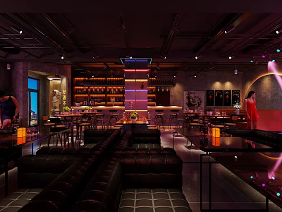 Modern Bar Interior With Dark Leather Sofas Bar Counter And Wine Racks Lighting Effects 3d model