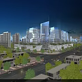 Urban Night Landscape With Modern Skyscrapers Bright Lights Tree-Lined Roads And Starry Sky