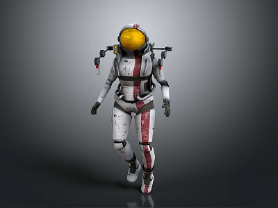 Biological Astronaut Character Walking In White Red Spacesuit With Yellow Helmet On Gray Background 3d model