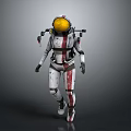 Biological Astronaut Character Walking In White Red Spacesuit With Yellow Helmet On Gray Background