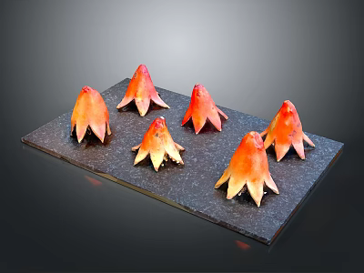 Six Orange Red Petal Shaped Items Arranged On Black Square Tray 3d model