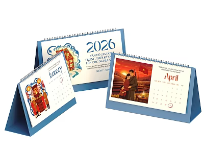 Decorative Desktop Ornament Set with 2026 Calendars Blue Base and Illustrations 3d model