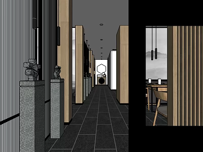 Minimalist Restaurant Corridor With Wooden Elements Black Floor Tiles And Dining Tables 3d model