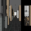 Minimalist Restaurant Corridor With Wooden Elements Black Floor Tiles And Dining Tables