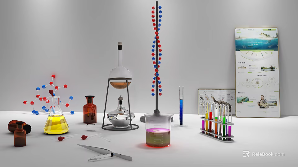 Industrial Laboratory Equipment with Flasks Test Tubes Beaker and Distillation Setup 3d model