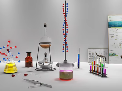 Industrial Laboratory Equipment with Flasks Test Tubes Beaker and Distillation Setup 3d model