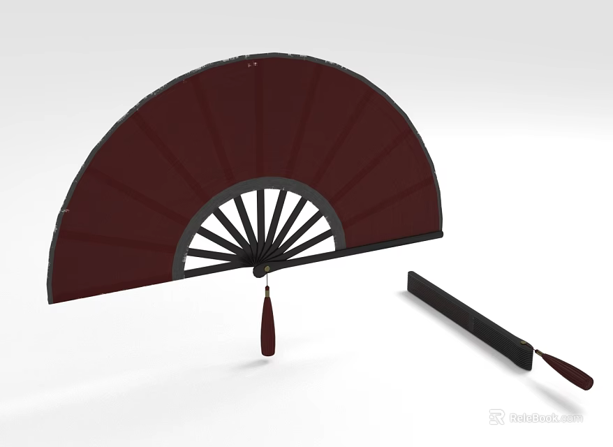 Red Folding Fan With Black Ribs White Lines Red Tassel And Black Case 3d model 