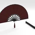 Red Folding Fan With Black Ribs White Lines Red Tassel And Black Case