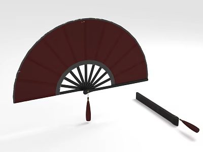 Red Folding Fan With Black Ribs White Lines Red Tassel And Black Case 3d model