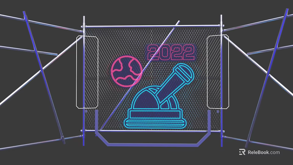 Neon Themed Design Featuring 2022 Globe And Microphone With Metal Frame Mesh Structure 3d model 