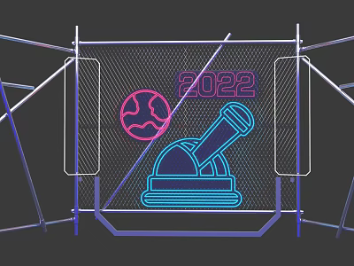 Neon Themed Design Featuring 2022 Globe And Microphone With Metal Frame Mesh Structure 3d model