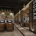 Modern Cyber Cafe Interior With Blue Comfortable Seats Multiple Monitors Hanging Lamps And Wooden Bookshelves