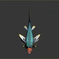 Ornate Mythical Aquatic Fish With Blue Gray Body Yellow Fins Tail Dragon Horns White Whiskers