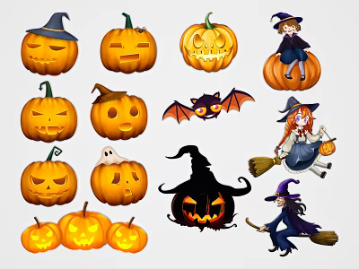 Halloween Decorative Elements Including Pumpkins Witches Bats Ghosts And Wizard Hats 3d model