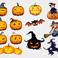 Halloween Decorative Elements Including Pumpkins Witches Bats Ghosts And Wizard Hats 3d model
