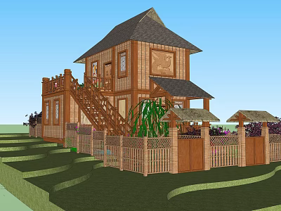Rustic Wooden Two Story House With Balcony Staircase Wooden Fence And Green Plants 3d model
