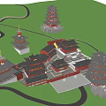 Traditional Ancient Chinese Architecture Complex With Multiple Pagoda Towers And Courtyards