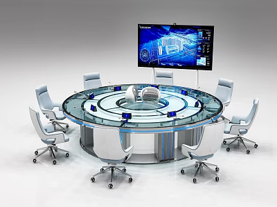Round Glass Conference Table with Office Chairs and Large Smart Display Screen 3d model