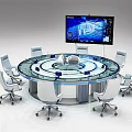 Round Glass Conference Table with Office Chairs and Large Smart Display Screen
