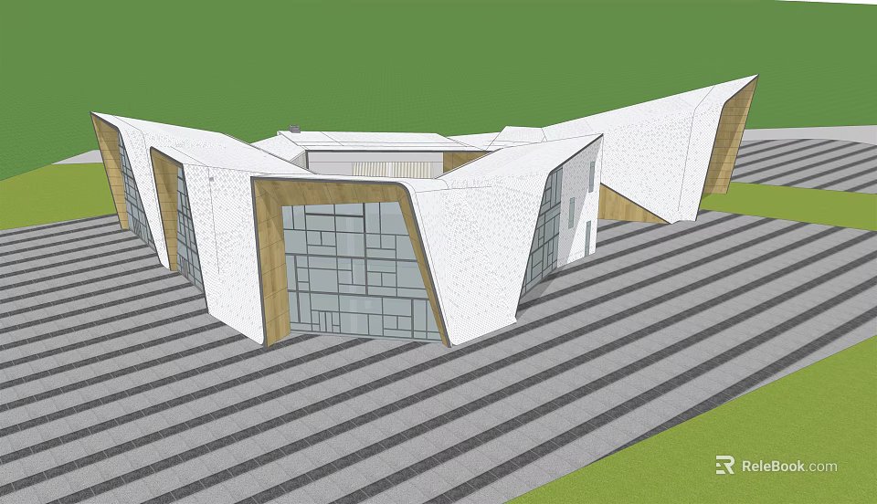 Contemporary Sales Office Building Featuring Geometric Design Glass Facade And White Exterior 3d model 