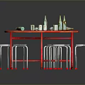 Red Round Table With Wine Bottles Cups And White Metal Leg Stools