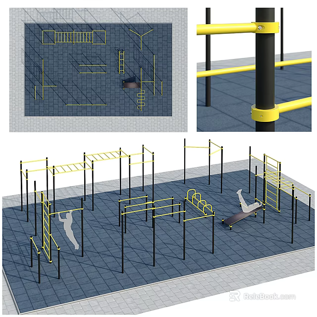 Outdoor Sports Equipment Training Facilities With Parallel Bars Climbing Frames And People Exercising 3d model 