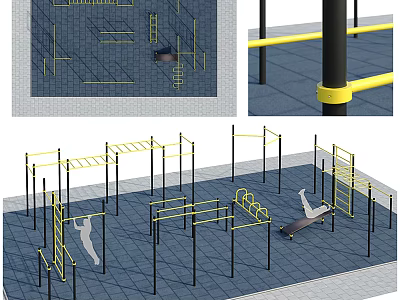 Outdoor Sports Equipment Training Facilities With Parallel Bars Climbing Frames And People Exercising 3d model
