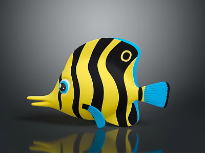 Cartoon Tropical Fish With Yellow Black Stripes Blue Fins Tail Long Snout And Big Eyes 3d model