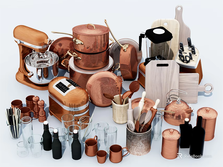 Stylish Essential Kitchenware Collection With Copper Pots Mixers Cutting Boards Mugs And Utensils 3d model 
