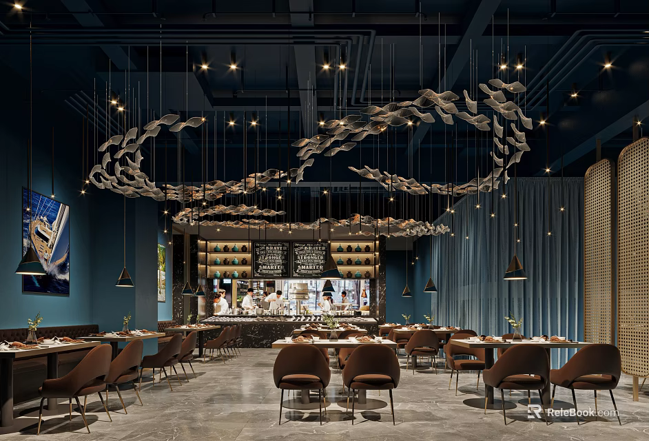 Modern Restaurant Interior With Stylish Hanging Pendant Lights Blue Decor And Brown Leather Chairs 3d model 