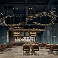 Modern Restaurant Interior With Stylish Hanging Pendant Lights Blue Decor And Brown Leather Chairs