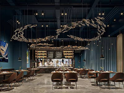 Modern Restaurant Interior With Stylish Hanging Pendant Lights Blue Decor And Brown Leather Chairs 3d model