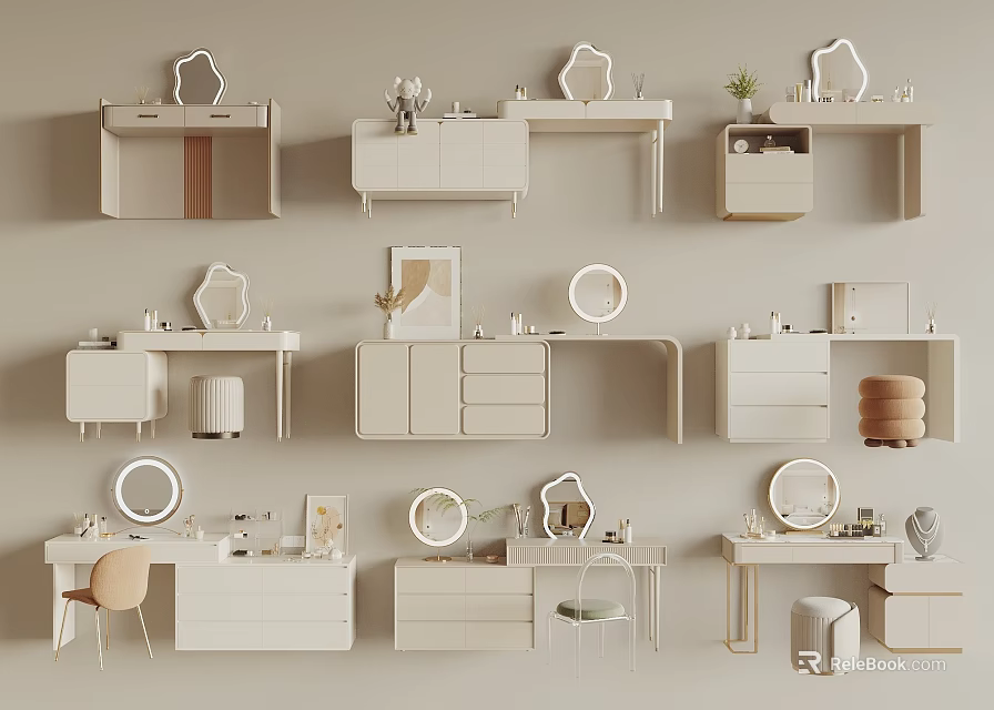Modern Minimalist Dressing Table Interior Design With White Drawers Round Mirror And Stool 3d model 
