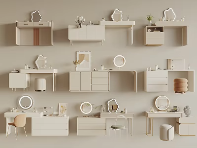 Modern Minimalist Dressing Table Interior Design With White Drawers Round Mirror And Stool 3d model