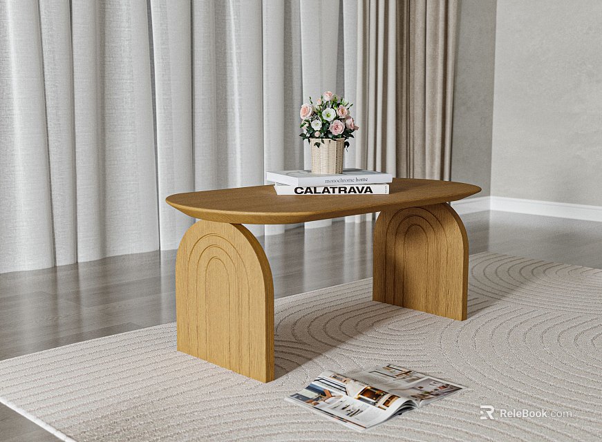 Wooden Coffee Table with Arched Legs Flower Bouquet and Book on Rug and Curtains 3d model 