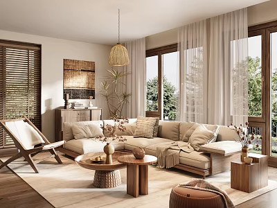 Natural Living Room Interior with Rattan Pendant Light Sofa and Wooden Coffee Table 3d model