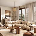 Natural Living Room Interior with Rattan Pendant Light Sofa and Wooden Coffee Table