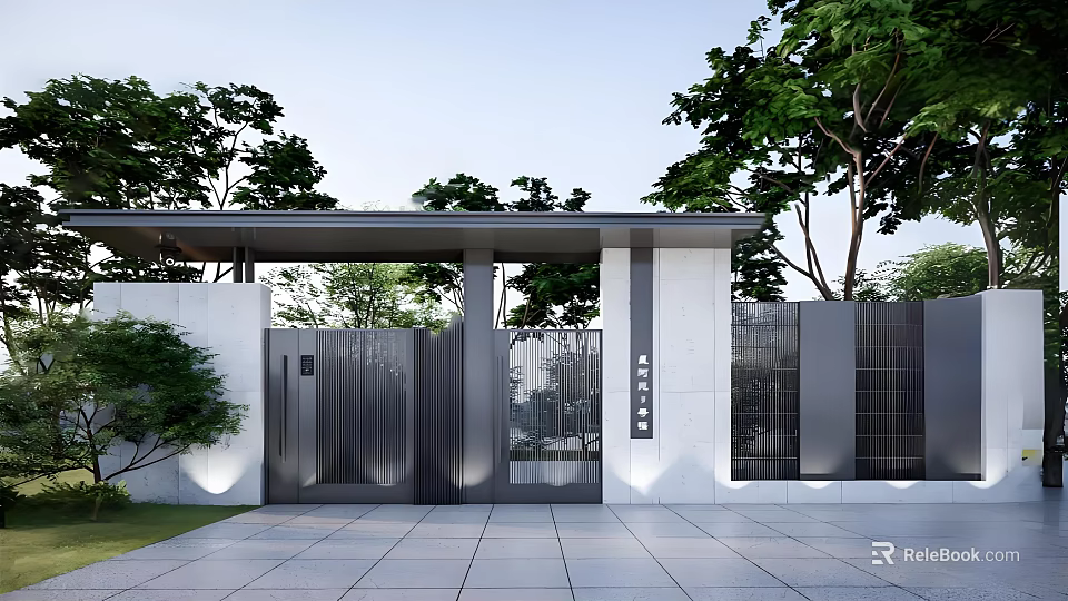 Modern Entrance Gate Design With Gray Metal Panels And White Stone Walls Surrounded By Trees 3d model 