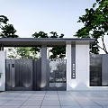 Modern Entrance Gate Design With Gray Metal Panels And White Stone Walls Surrounded By Trees